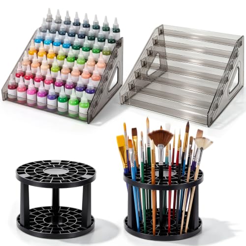 4 Pcs 7 Tier Acrylic Paint Organizer Rack + Paint Brush Holder Storage Set