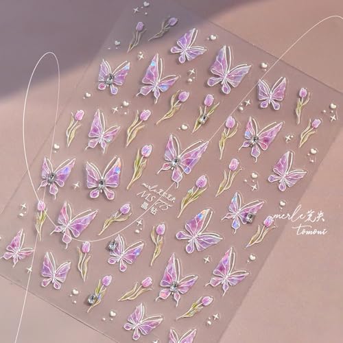 5D Embossed Purple Butterfly Nail Art Stickers with Silver Glitter Rhinestones Nail Decals Design Flower Nails Supply Spring Summer Nail Design Stickers Cute Nail Art Supplies for Women Manicure - style: 5D Embossed Nail Stickers-7