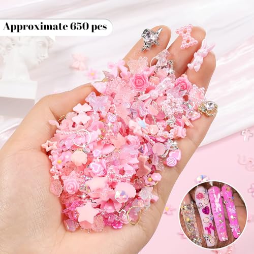 650PCS Cute 3D Resin Nail Charms and Gems Pink Flower Bow Butterfly Charms - color: Pink