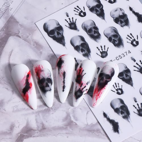 Halloween Bone Nail Art Sticker Skull Handprint Nail Decal 6Pcs/Pack Gothic Dark Horror Nail Art Decals 3D Self-Adhesive Spooky Bones Nail Supplies Accessories for Halloween DIY Manicure Decoration - color: Skull