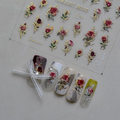 5D Embossed Nail Stickers, Premium Salon-Quality Self-Adhesive 3D Nail Art Decals, Refined Classic Designs for Easy DIY Manicure (Classic Rose) - color: Classic Rose