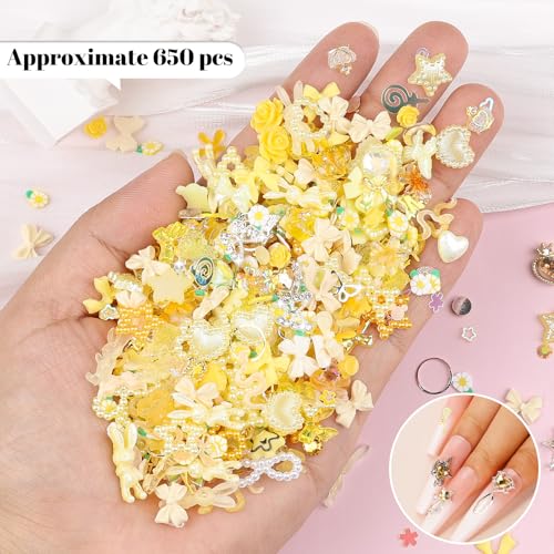 650Pcs Cute 3D Resin Nail Charms and Gems Yellow Rabbit Bow Butterfly Charm - color: Yellow