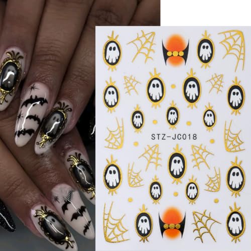 6 Sheets Halloween Ghost Nail Art Stickers Gold Frame Spiderweb Nail Decals - color: Halloween 16
