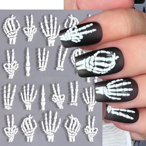3 Sheets 5D Embossed Skull Nail Stickers for Nail Art Skeleton Nail Decals White Hand Bones Finger Skeleton Halloween Nail Art Supplies Gothic Nail Sticker for Women Halloween Nails Tips Decoration - style: skull