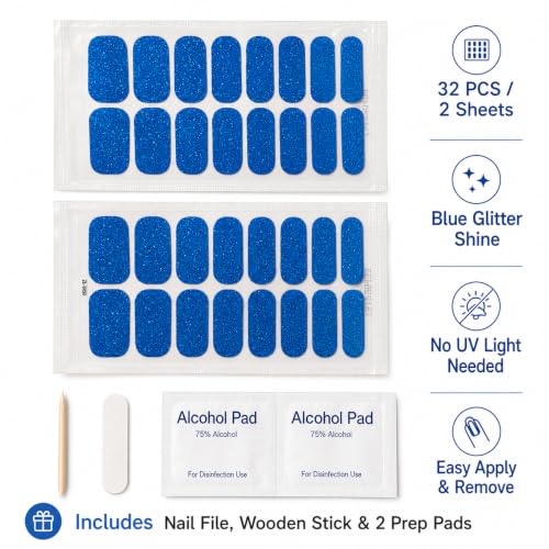 No UV Nail Stickers, 32 Blue Glitter Nail Wraps, Zero Dry Time - color: Blue Glitter