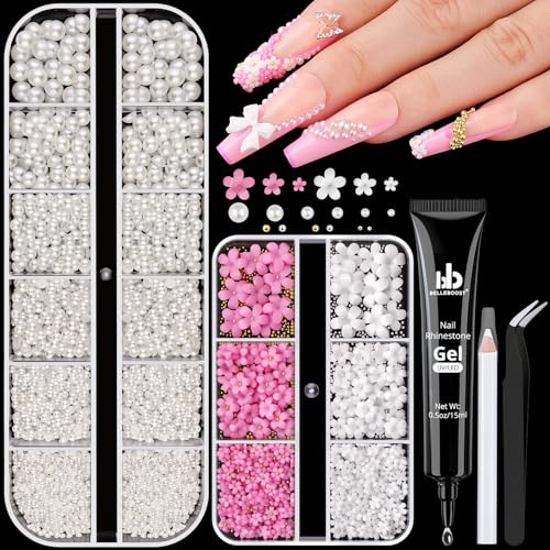 Flatback White Nail Pearls and 3D Flowers for Nails Caviar Nail Beads - color: 12 2 Boxes Nail Art Decos Set 31+Glue