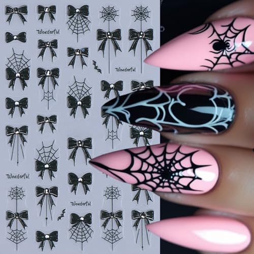 4 Sheets Embossed Halloween Nail Stickers for Nail Art 5D Self-Adhesive Black Bow Spider Web Nail Art Stickers Bow Blood Drop Bats Nail Decals Nails Design Sticker for Women DIY Festival Nail Decor - style: black bow spider web