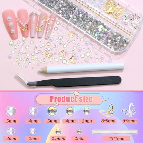 RODAKY Assorted Nail Charms and Flatback Pearls Gems Set,Pink White Bow Charm for Nail Art Designs,Cute 3D Flower for Nail with Rhinestones,Half Pearls for Nail Jewelry DIY Crafts Nail Art Decoration - color: Set 02 - 2 Boxes Nail Art Decos