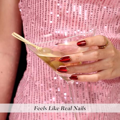 SHANGMENG Cherry Red Cat Eye Press on Nails Almond Short with 3D Gold Tail - color: Ruby Luxe