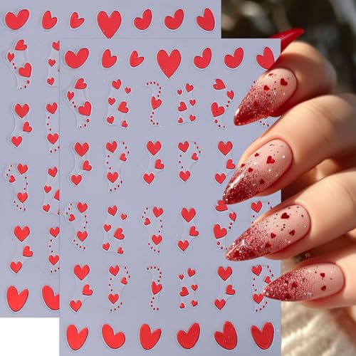 8Sheets Heart Nail Stickers Red Love Nail Decals 3D Self-Adhesive Valentine's Day Nail Art Stickers White Black Heart Nails Design Little Love Hearts Nail Supplies for Women Girls Acrylic DIY Manicure - style: red heart