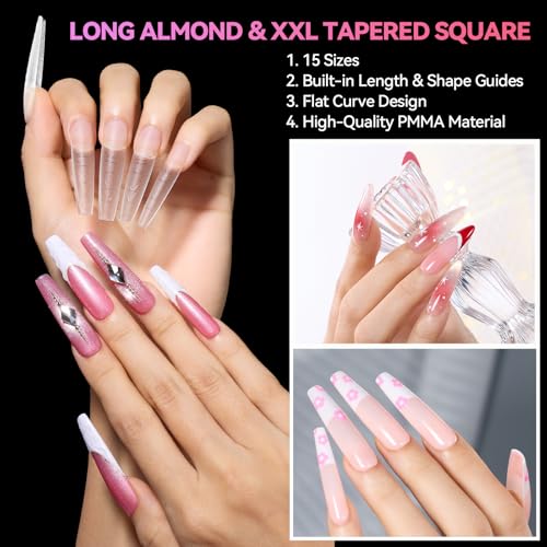Makartt Long Almond & XL Tapered Square Nail Tips with Built-In Shaping Guides: 2 Shapes in 1 Box-15 Sizes, Pre-Etched Matte Inside False Nails for Nail Extension DIY, Salon Manicure Supplies 384pcs