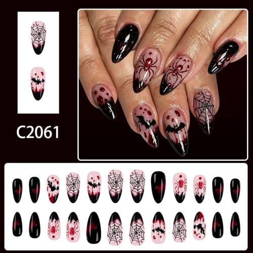 Halloween Press On Nails, Almond Spider Bat Web Design, Black Red - color: style 07