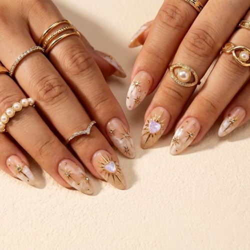 Medium Almond Press On Nails, Gold Star Jewel Nude Fake Nails 30Pcs - color: 01-3D-Gold Star