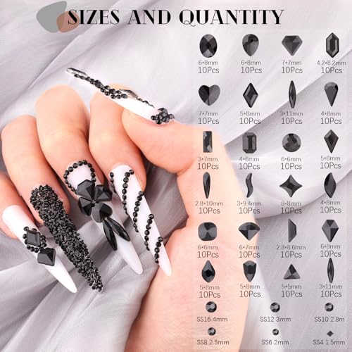 2750Pcs Black Glass Nail Rhinestones 240Pcs Multi Shapes Flatback Nail Gems + 2510Pcs 1.5-4mm Round Crystal, Manicure Nail Charms Diamond Gemstones for Acrylic Nails Decoration - color: 26 Black Crystal, size: 3 pack