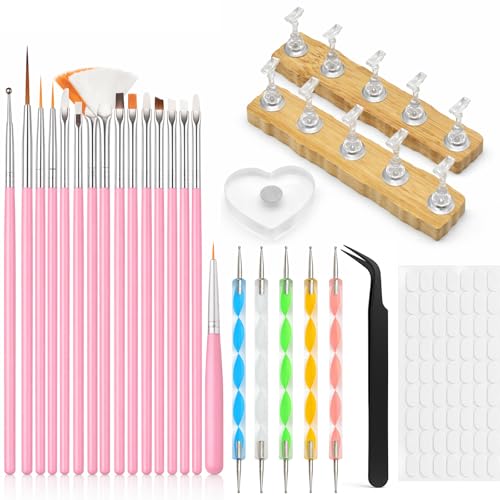 Nail Art Tools Kit – 15 Nail Art Brushes, 5 Double End Dotting Pens, Nail Stand Holders, Tweezers & 100 Adhesive Putty Tabs – Nail Design Tools Set for Acrylic, Gel, DIY & Salon Use