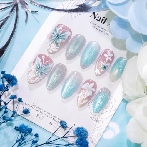 Glitter Press On Nails Medium Almond Fake Nails Press Ons With Butterfly Design Light Blue Acrylic Nails White Flower Pearl False Nails Glue On Nails For Women - color: Design-20