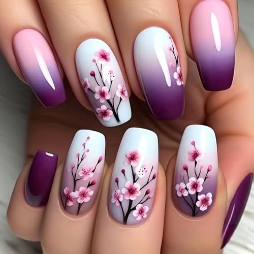 GRITOSE 24pcs Square Press-On False Nails, Purple White Gradient, Glossy, Full Cover, Gel Glue, Women Girls Spring Summer Manicure - color: style16