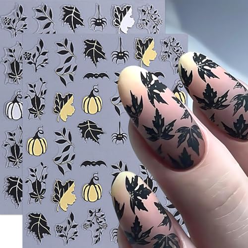 8 Sheets Halloween Nail Stickers Nail Decals 3D Self-Adhesive Glitter Pumpkin Ghost Nail Supplies Gold Heart Spider Web Bat Black Leaf Nails Design Nail Decor for Halloween Party DIY Manicure Supplies - style: pumpkin
