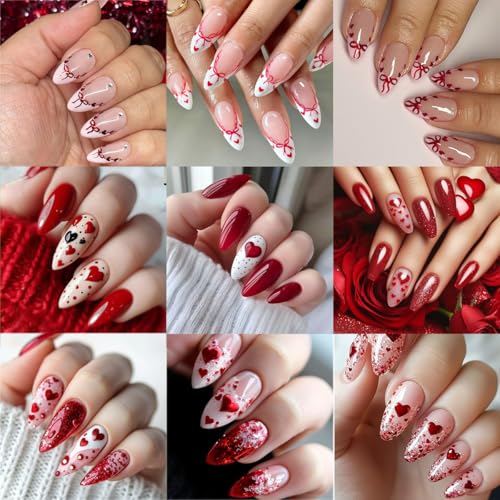 8 Sheets Valentines Nail Stickers for Nail Art 3D Self-Adhesive White French Tip Nail Art Stickers with Cute Bow Love Designs Red Black Heart Nail Decals Nails Supplies for Women Acrylic DIY Manicure - style: French Tip Nail Stickers-1