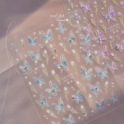 5D Embossed Blue Butterfly Nail Art Stickers with Silver Glitter Rhinestones Nail Decals Design Laser Flower Nail Stickers Spring Summer Nail Design Supply Cute Nail Art Supplies for Women Manicure - style: 5D Embossed Nail Stickers-8