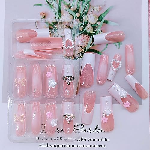 Square Press on Nails Medium - White French Tip Extra Long Fake Nails Press ons,24 Pcs Flower Pearl Charms Design Glue on Nails Pink Acrylic Nails Glossy Full Cover False Nail For Women - color: Flower Pearl Charms
