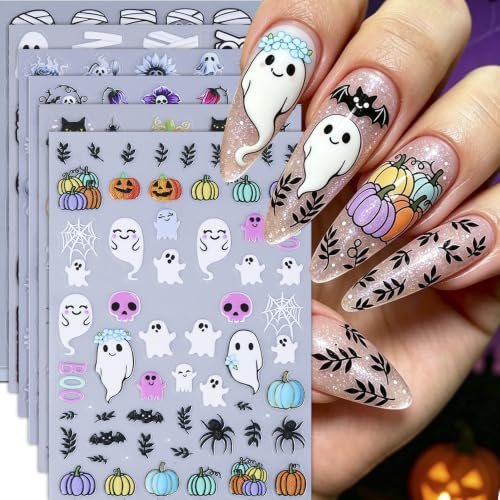 6Pcs Halloween Nail Stickers 5D Spider Web Cat Ghost Flower Design Sticker - color: Style 3