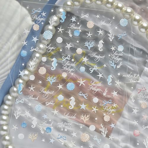 1 Sheet Summer Nail Art Stickers Decals Ocean Theme Nail Decals Seashell Seahorse Starfish Nail Design Summer Sea Theme Nail Supplies Ocean Life Seaweed Nail Accessories for Women Manicure Decoration - style: seashells
