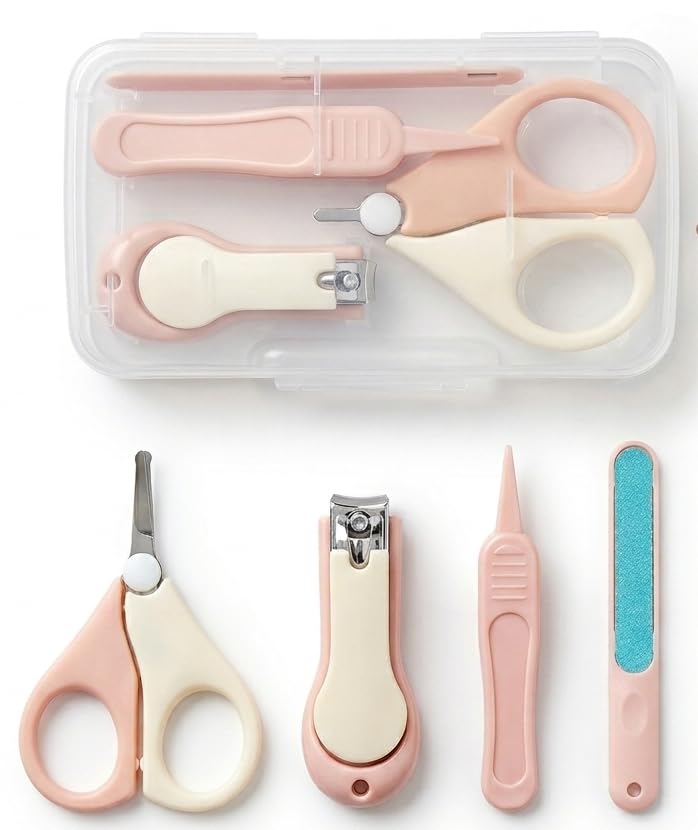 Baby Nail Clipper Kit 4-in-1 Safe Newborn and Infant Grooming Set with Nail Clippers, Safety Scissors, Glass File, Tweezers and Protective Case (Pink) - color: Pink