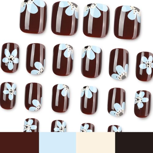 Dark Red Press on Nails Short Square Fake Nails Blue Flower False Nails - color: Style33