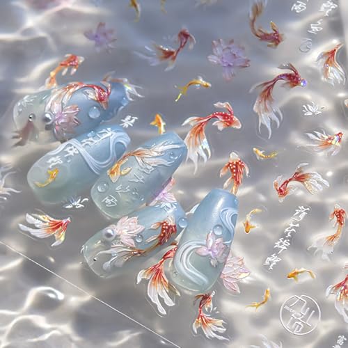5D Embossed Goldfish Nail Stickers for Nail Art Self-Adhesive Sparkly Koi Fish Nail Design Stickers Koi Lotus Leaf Chinese Style Manicure Decals Spring Flower Nails Art Supplies for Women Decorations - style: 5D Embossed Nail Stickers-9
