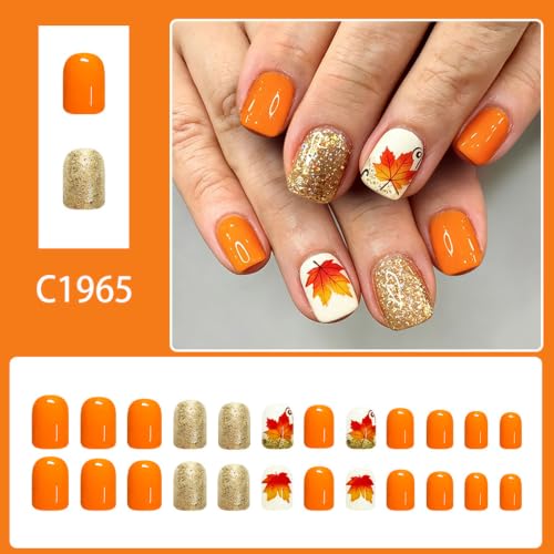 24Pcs Fall Press on Nails Short Square Maple Leaf Fake Nails - color: Style-26