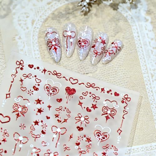 1 Sheet Valentines Nail Stickers for Nail Art Red Heart Nail Stickers 5D Self-Adhesive Embossed Bow Hearts Nail Decals Valentines Day Nail Decorations Star Bow Nail Design Nail Supplies for Women - style: red bow