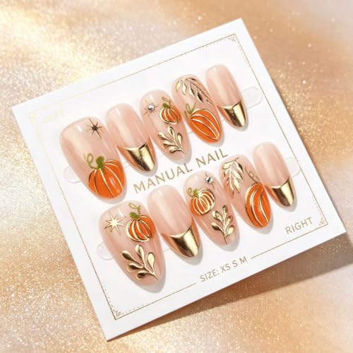 Fall Press on Nails Medium Almond, Gold French Tip Fake Nails, 30Pcs - color: Style-28