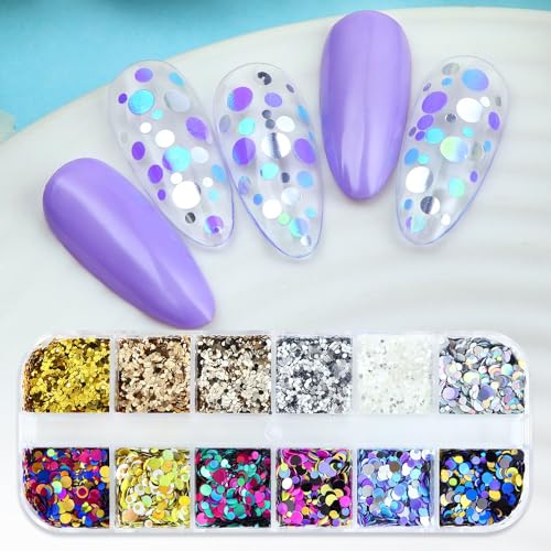 1 Box 12 Color Holographic Circle Nail Glitter Rings Nail Sequins 3D Silver Gold Nail Flakes Sparkly Glitter Flakes Shiny Nail Glitter Colorful Nail Sequins Glitter for Nails Art 12 Grids - color: Color 50