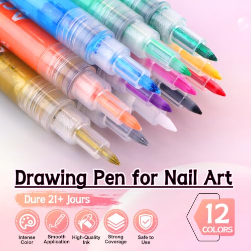 12 Colors Nail Art Pens Set, TOROKOM Nail Art Markers 3D Nail Polish Pens - color: 12 Color-G