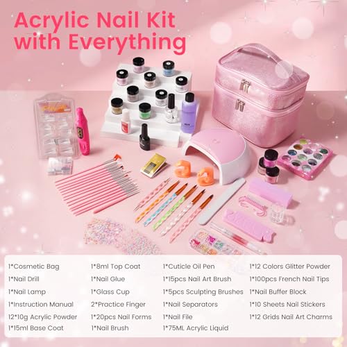 Acrylic Nail Kit for Beginners with Everything in Pink Gift Storage Bag - color: Bling Pink