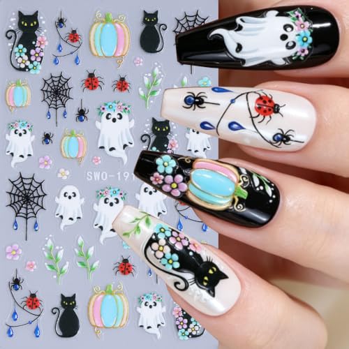 6Pcs Halloween Nail Stickers 5D Spider Web Cat Ghost Flower Design Sticker - color: Style 3