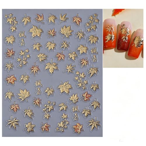 6Sheets Fall Nail Stickers Red&Gold Maple Leaf Design - color: Red & Gold