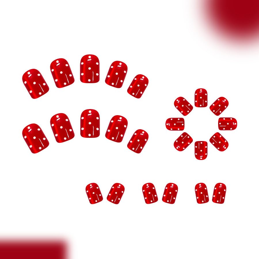 24Pcs Fall Press on Nails Short Square Polka Dot Fake Nails with Shiny Glitter Design Cute Polka Dots False Nails Red Acrylic Glue On Nails Autumn Glossy Full Cover Stick on Nails for Women - color: Fall03