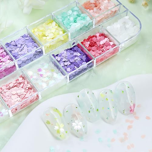 12 Colors Flowers Nail Art Glitter Sequins Cherry Blossoms Nails Accessories 3D Holographic Petal Nail Glitter Flakes Design Acrylic Nail Art Supplies for Women Girls Summer Nail Decoration - color: 12 colors