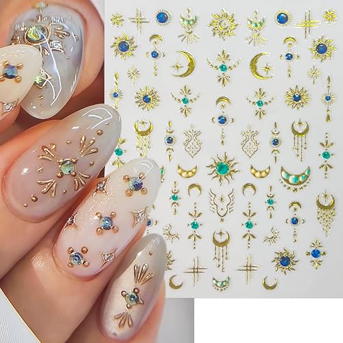 6 Sheets Bohemian Style Nail Decals Embossed Star Nail Art Stickers 5D Self-Adhesive Gold Stars Moon Sun Nail Decals Bohemia Nail Designs Stars Nail Decoration for Women Girls DIY Manicure Decor - style: Bohemian