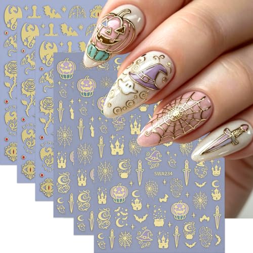 Halloween Nail Art Sticker Sword Castle Nail Sticker 6Pcs Gold Gothic 3D Self-Adhesive Pumpkin Spider Web Dragon Nails Decals Pumpkin Castle Nail Supplies Accessories for Halloween Manicure Decoration - color: Sword Castle