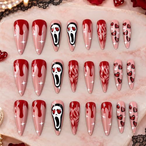 Halloween Press on Nails Long Stiletto Ghostface Nails24Pcs - color: halloween-design04