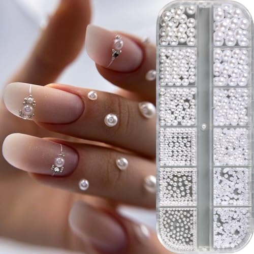 12 Grids White Pearl Nail Art Charms Multi Size Round and Half Round Pearls