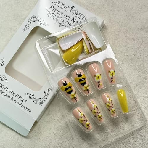 Summer Press on Nail Long Coffin Fake Nails with Floral designs Stick on Nail 3D Bee False Nails Glossy Full Cover Yellow Cute Glue on Nails Reusable Acrylic Press ones for Women Spring Manicure24pcs - color: styles35