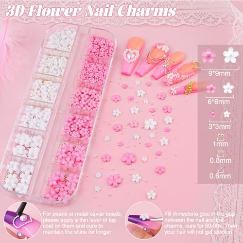 Flatback Nail Pearls and 3D Flowers Charms for Nails Caviar Nail Beads - color: 11 2 Boxes Nail Art Decos Set 30+Glue
