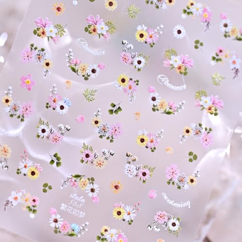 1 Sheet Colorful Daisy Flower Nail Art Stickers 5D Self-Adhesive Embossed Floral Nail Decals Cherry Blossom Nail Design Cute Floral Nails Supplies for Women Spring Summer DIY Nail Decor Accessories - style: daisies
