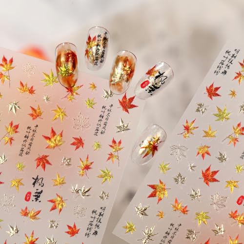 1 Sheet Fall Nail Stickers 5D Embossed Self-Adhesive Fall Maple Leaf Nail Decals Red Gold Maple Leaves Nails Designs Glitter Maple Leaf Nail Art Stickers Thanksgiving Nails Supplies for Women Manicure - color: Style18