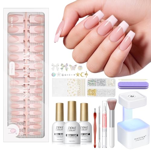 PEACECOLOR French Tip Press On Nails Kit - 150Pcs Long Square Gel Nail Kit with U V/LED Lamp Quick-Dry Nail Glue Base & Top Coat, Complete DIY Manicure Set Fake Nails Gift for Women Girls Home - color: Long Square