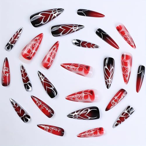 MISUD Press on Nails - Long Stiletto Glue on Nails with Goth Red Black, Acrylic Vampire Gothic Design 24 pcs - color: 02305-10Red&Black